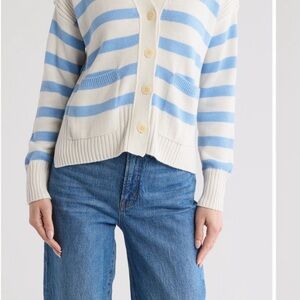 Striped Button-Up Cardigan Sweater - Blue and White
